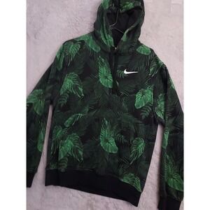 Nike Hoodie Mens Small Floral Fern Club French Terry Green Drawstring DISTRESSED